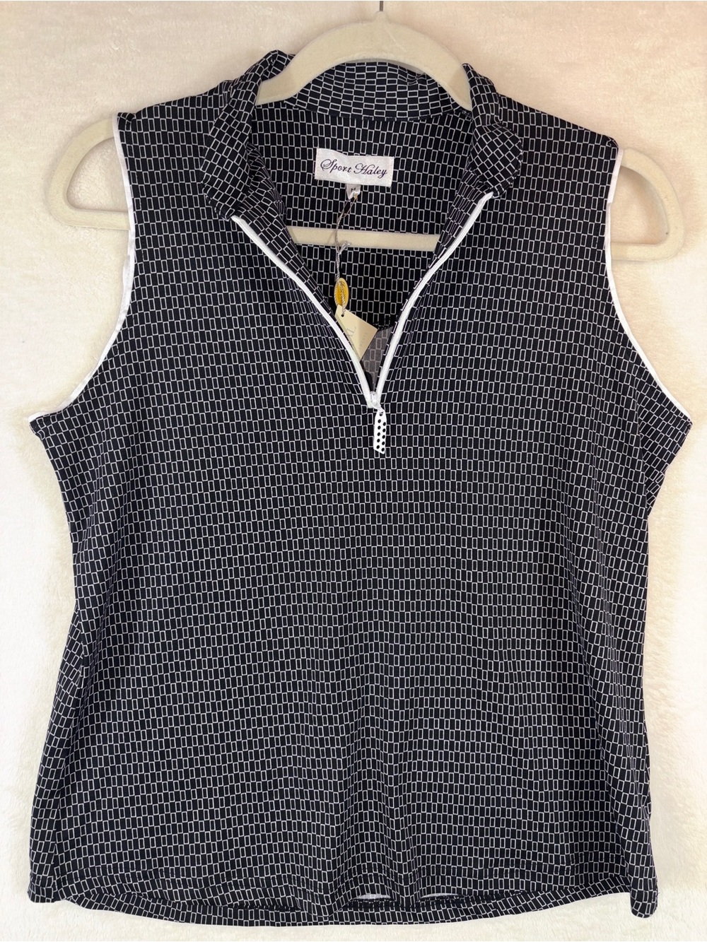 Sport Haley Black & White Sleeveless Zip-Front Golf Polo